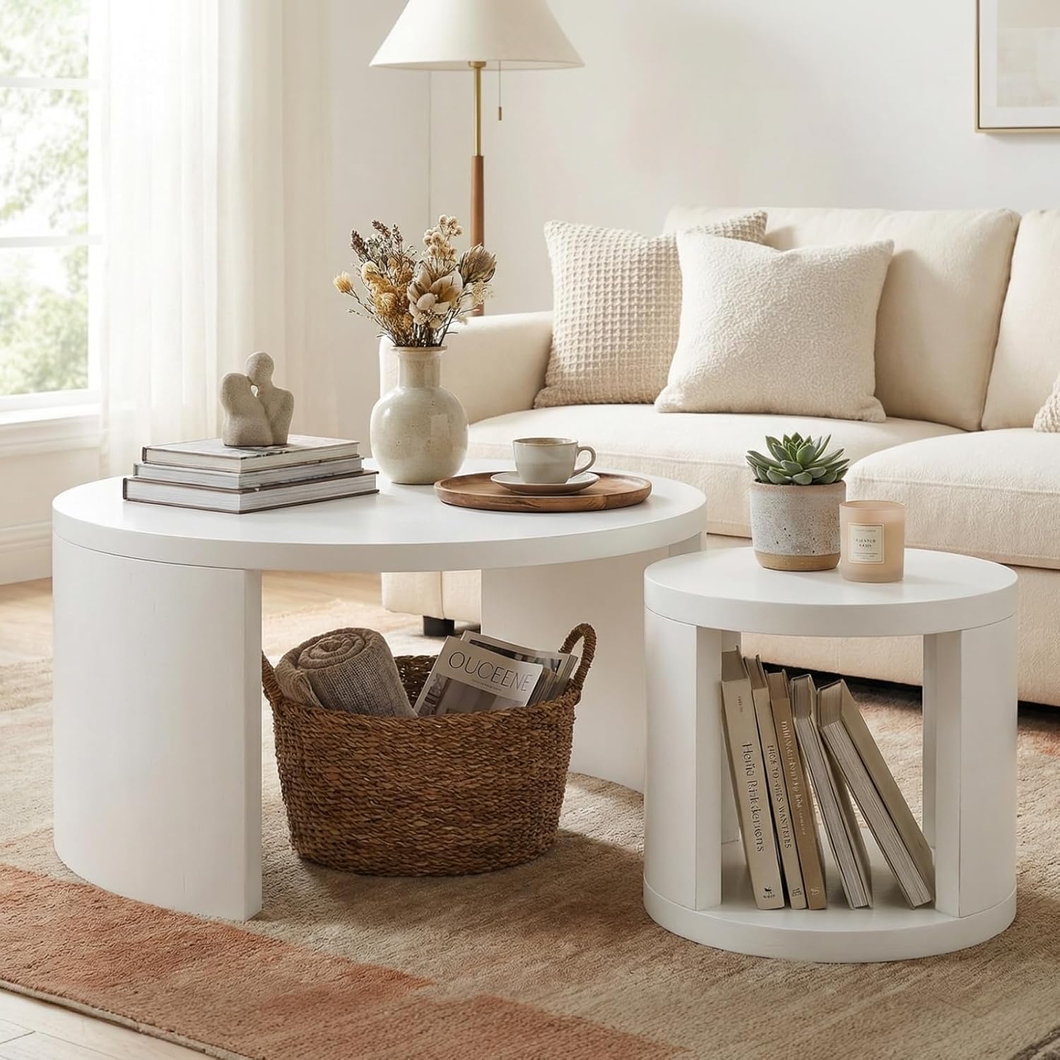 Round Coffee Table Set of 2, Nesting Coffee Tables with Storage, Living Room Table Set, Modern Wood Center Table for Living Room, Apartment, 31.5' & 18' Accent Table Set, White