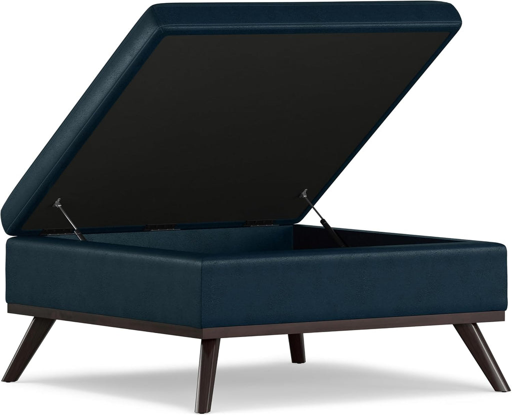 SIMPLIHOME Owen Square Coffee Table Storage Ottoman - 36 inch Wide Upholstered Vegan Leather Lift-Top Ottoman in Distressed Dark Blue, Mid-Century Modern Ottoman for Living Room with Tufted Detail