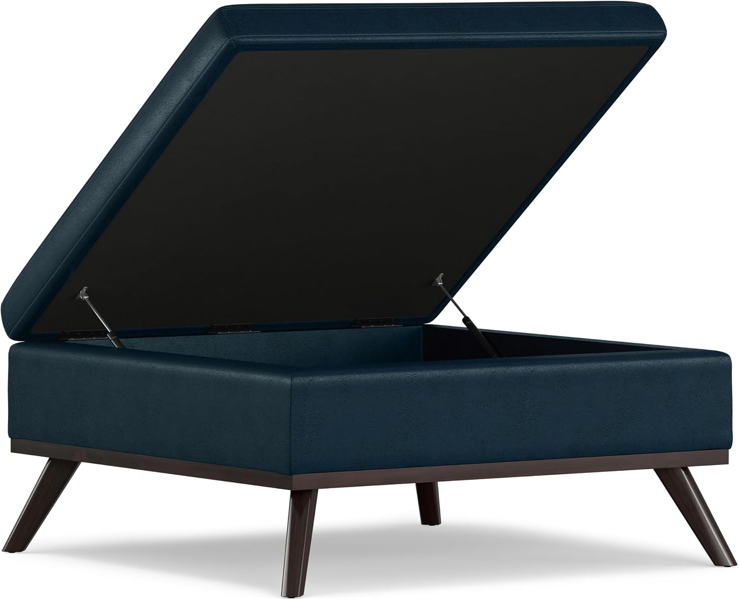 SIMPLIHOME Owen Square Coffee Table Storage Ottoman - 36 inch Wide Upholstered Vegan Leather Lift-Top Ottoman in Distressed Dark Blue, Mid-Century Modern Ottoman for Living Room with Tufted Detail