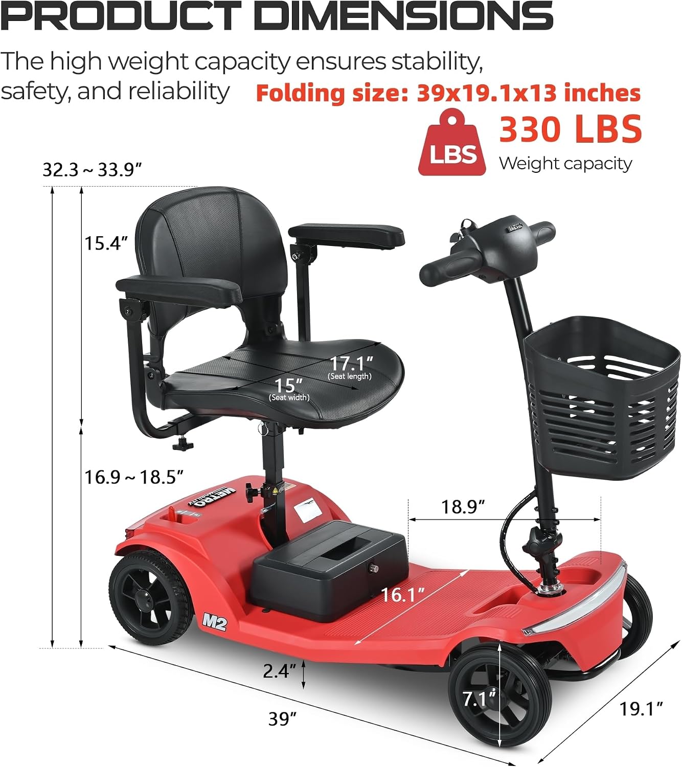 Metro Electric Mobility Scooter for Seniors Foldable, Folding Mobility Scooter 20 Miles Range 300lbs, Lightweight All-Terrain 4 Wheel Scooters for Elderly Adults Handicap Bariatric