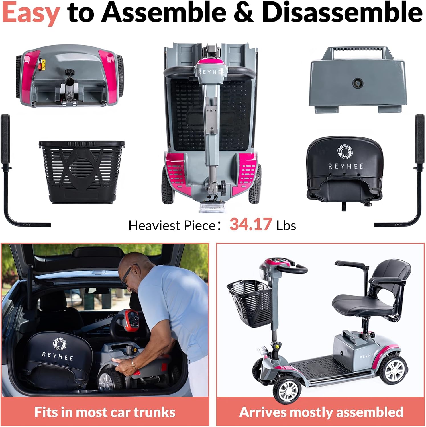 Reyhee Cruiser Powered Folding Mobility Scooters with Lengthened Legroom, 3.75MPH Max Speed & 15 Miles Range, 180W Electric Scooter for Adults Seniors with Height-Adjustable Seat (Red)