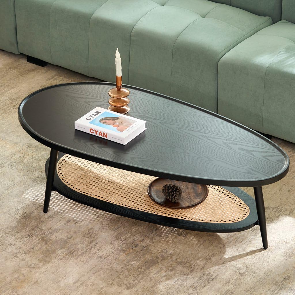 AGV LIGHTING Oval Coffee Table with Storage Shelf, 47' Mid Century Modern Coffee Table for Living Room, Black Wood Finish MDF Top with Rattan Shelf