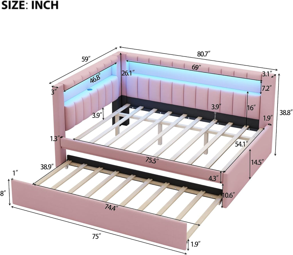 Full Size Upholstered Daybed with Trundle and LED, USB-Ports, L-Shaped Corner Unit Sofa Day Bed Frame with Storage Bookshelf, Girls, Kids, Adults, Boys, Pink