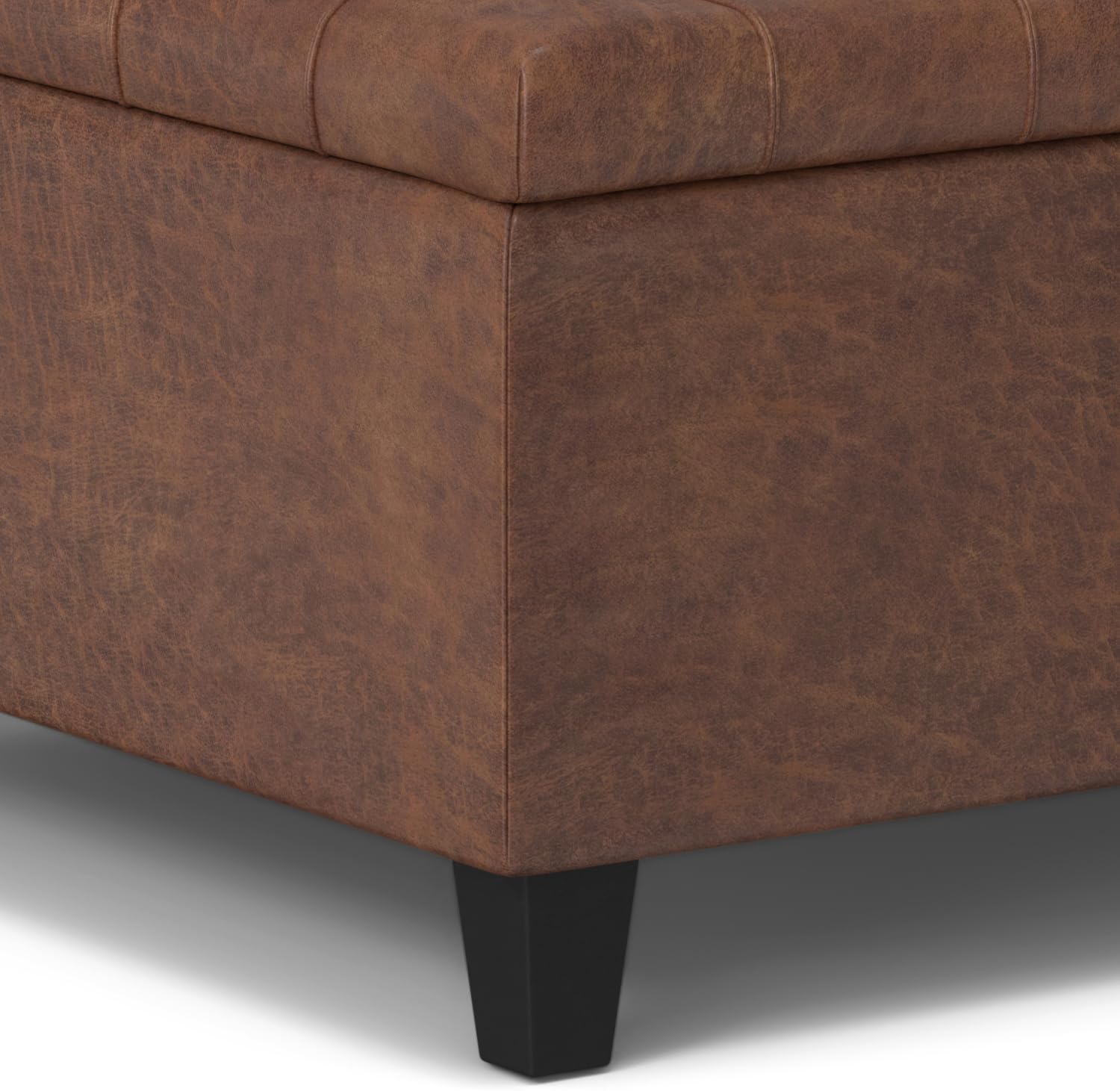 SIMPLIHOME Harrison Small Coffee Table Storage Ottoman - 30 inch Wide Upholstered Vegan Leather Square Lift-Top Ottoman in Distressed Saddle Brown, Transitional Ottoman for Living Room with Storage