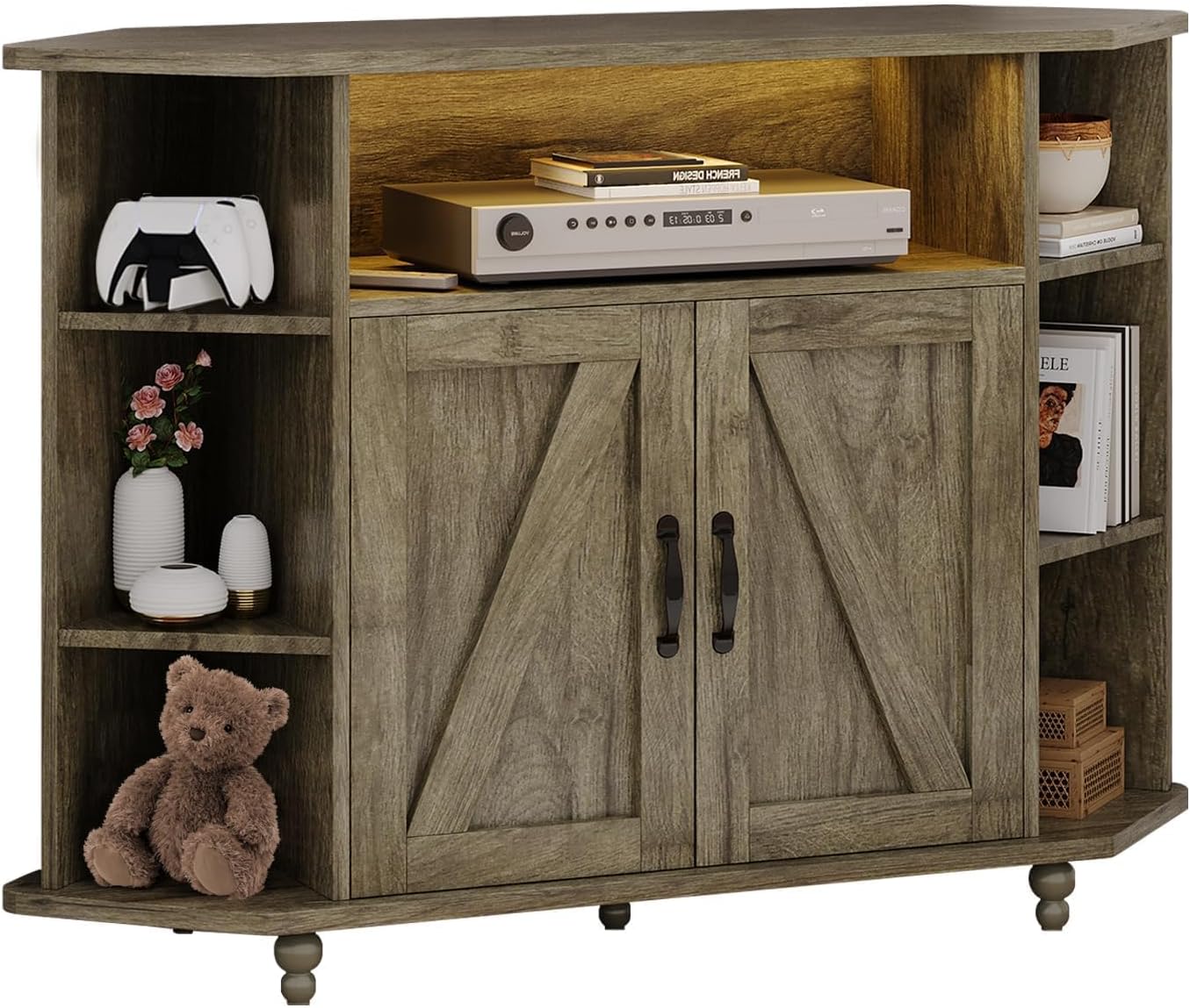 4 EVER WINNER Corner TV Stand for 50 Inch TV, 45' Farmhouse Corner Entertainment Center with Led Light, Open Storage, Adjustable Shelves, TV Cabinets for Living Room, Bedroom, Grey