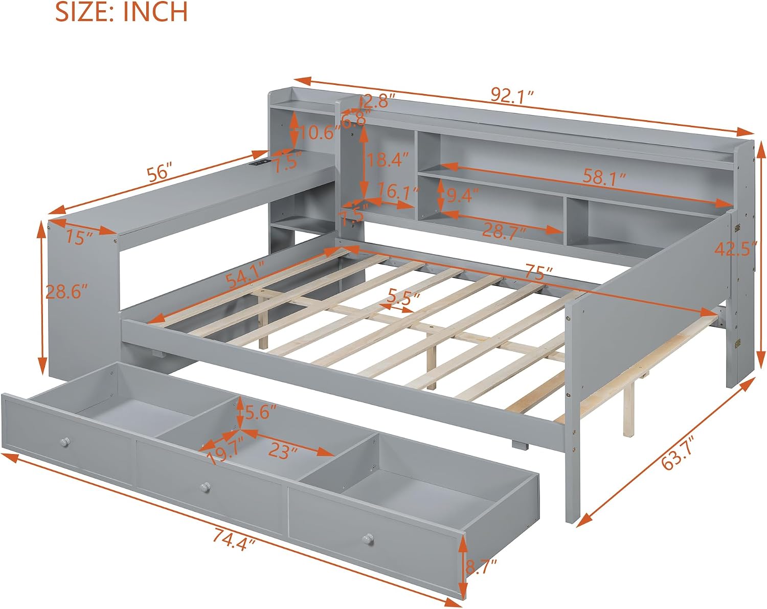 Harper & Bright Designs Full Size Daybed Frame with Desk and 3 Storage Drawers & USB Port Shelves Headboard, Pinewood Corner Bed, Full Captain Bed for Small Room, Bedroom, Guest Room,Gray