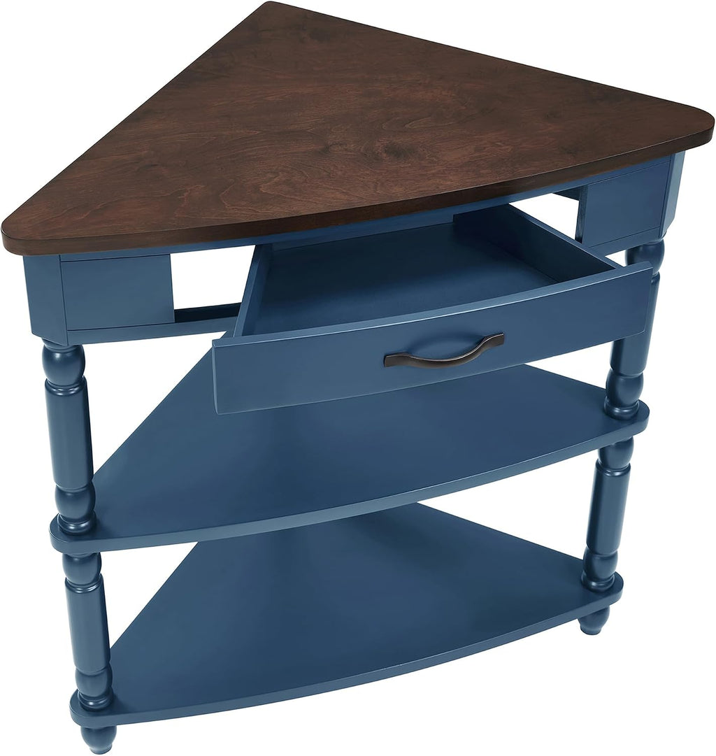 33.86' Corner Table, Wood 3 Tier Triangle Side Table Corner Shelf Stand with Solid Wood Legs 1 Drawer & 2 Storage Shelves for Living Room Small Space (Navy Blue)