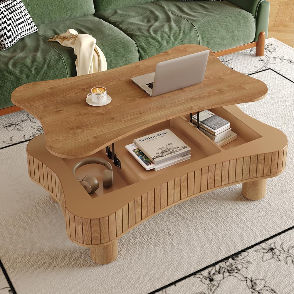 42.52'' Cloud Coffee Table with Lifting Top for Living Room Irregular Coffee Table Lift Up Tabletop Smart Coffee Tables with Storage Unique Low Center Tables Walnut
