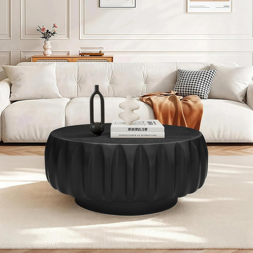 31.5'' Black Round Wood Coffee Table for Living Room, Modern Contemporary Circle Fluted Drum Pedestal Coffee Table, Natural Wood Grain & Easy Assembly, Black