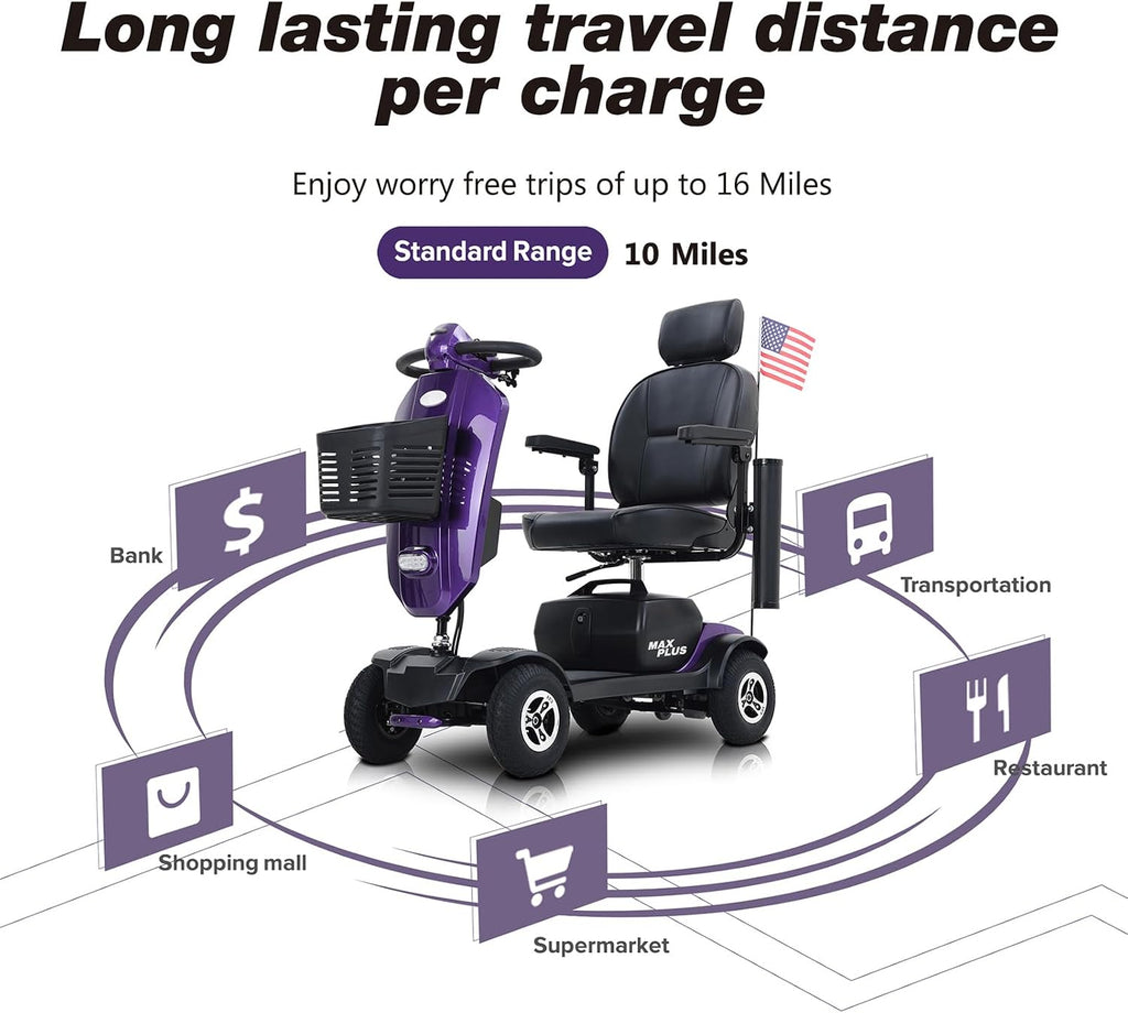 Mobility Scooters for Seniors & Adults 400 Lb Weight All Terrain,Heavy Duty 4 Wheel Powered Scooter,Luxury Seat and Front Rear Led Lights,Foldable Disability Electric Wheelchair,15Miles,Purple