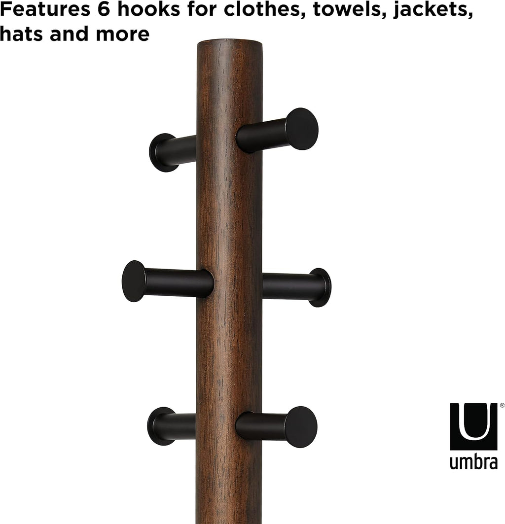 Umbra Pillar Coat Rack, Stool, Clothing Organizer, Umbrella Holder and Hat Organizer, Great for Entryway, Black/Walnut