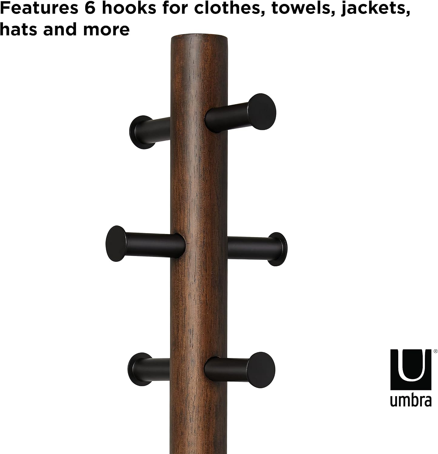 Umbra Pillar Coat Rack, Stool, Clothing Organizer, Umbrella Holder and Hat Organizer, Great for Entryway, Black/Walnut