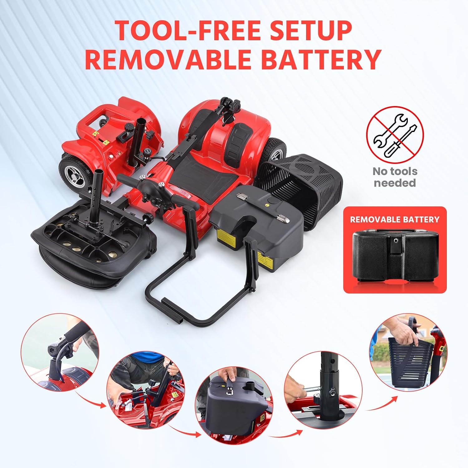 SUNDERWELL Mobility Scooters for Seniors & Adults, Compact Foldable Mobility Scooter with Tool-Free Disassembly, 15 Miles Range Electric Powered Mobility Scooters with 300 lb Capacity & USB Port (Red)