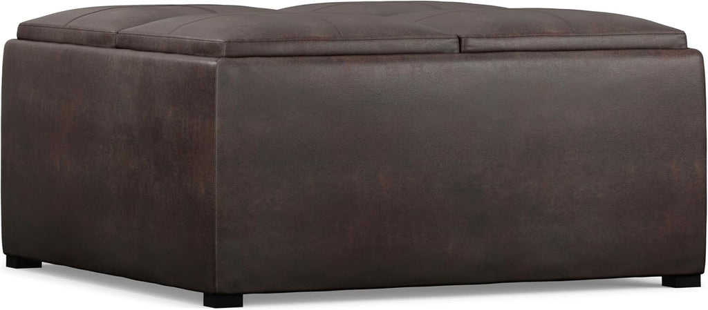 SIMPLIHOME Avalon Wide Contemporary Square Coffee Table Storage Ottoman, Distressed Brown, Table Ottoman