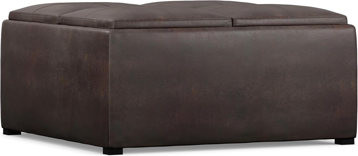 SIMPLIHOME Avalon Wide Contemporary Square Coffee Table Storage Ottoman, Distressed Brown, Table Ottoman