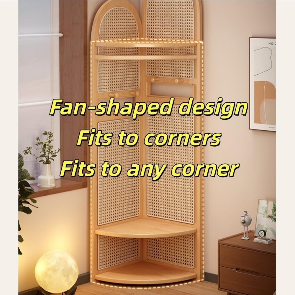 Corner Coat Rack with Shelves and Drawer, Wooden Tall Coat Rack with Shoe Storage for Clothes and Bags, Plastic Rattan Hall Tree with Shoe Storage for Bedroom(Brown)