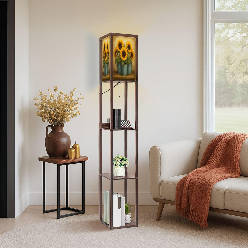 Floor Lamp with Shelves Vintage Sunflower Wildflower Pictures Rustic Flowers Farmhouse Country Standing Tall Lamp USB Ports & Power Outlet Modern Corner Lamp Nightstand Light for Living Room Bedroom