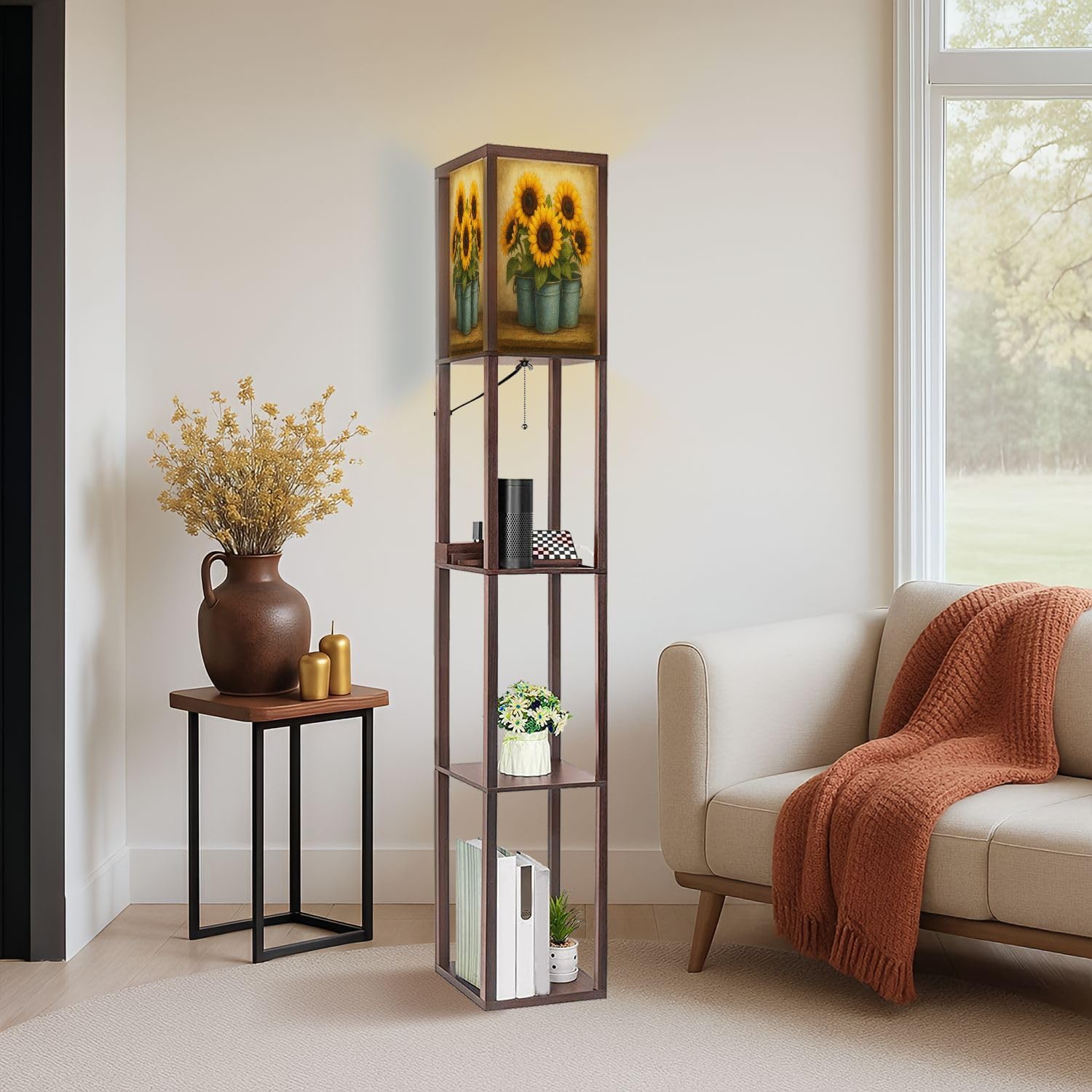 Floor Lamp with Shelves Vintage Sunflower Wildflower Pictures Rustic Flowers Farmhouse Country Standing Tall Lamp USB Ports & Power Outlet Modern Corner Lamp Nightstand Light for Living Room Bedroom