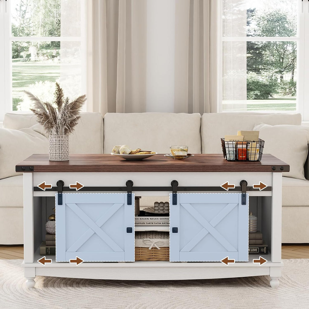 ALLSTAND 48' Farmhouse Lift Top Coffee Table with Storage Sliding Barn Door & Large Hidden Compartment, Coffee Table with Lifting Top with Wooden Lift Tabletop, Coffee Tables for Living Room, White
