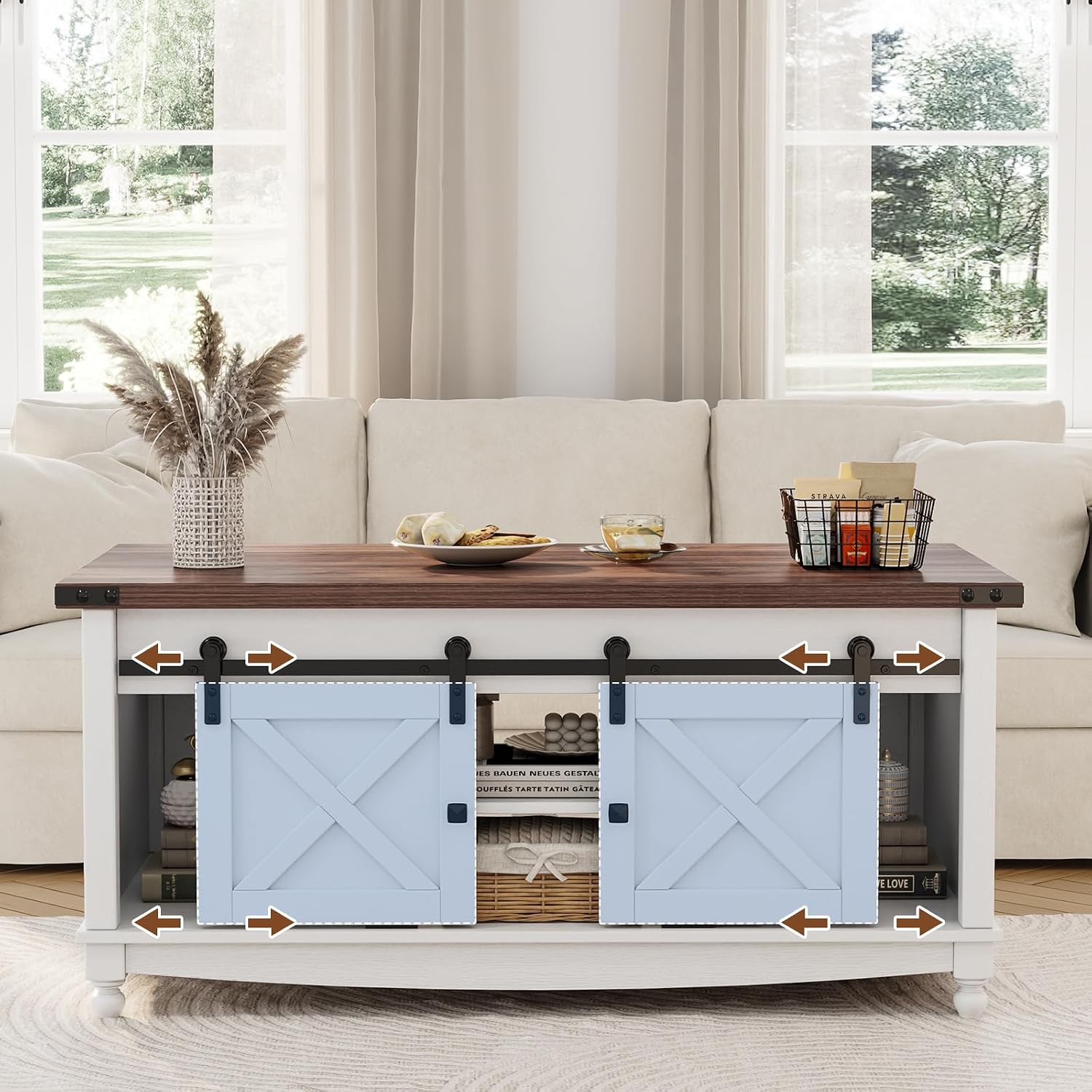 ALLSTAND 48' Farmhouse Lift Top Coffee Table with Storage Sliding Barn Door & Large Hidden Compartment, Coffee Table with Lifting Top with Wooden Lift Tabletop, Coffee Tables for Living Room, White