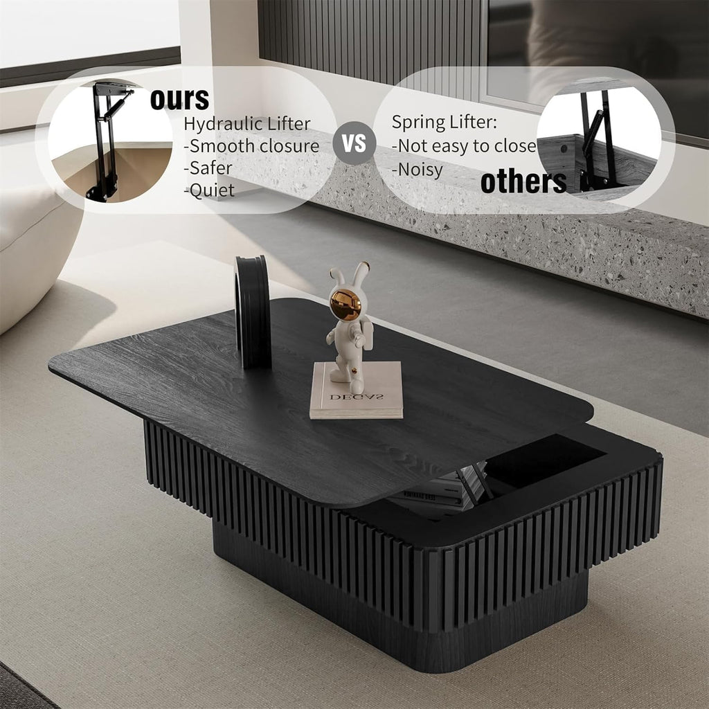 LKTART Lift Top Coffee Table for Living Room, Mid Century Modern Coffee Table with Hidden Storage, Solid Wood Veneered Rectangle Center Tea Table for Small Space Apartment (38.6''L×14''H-Black)