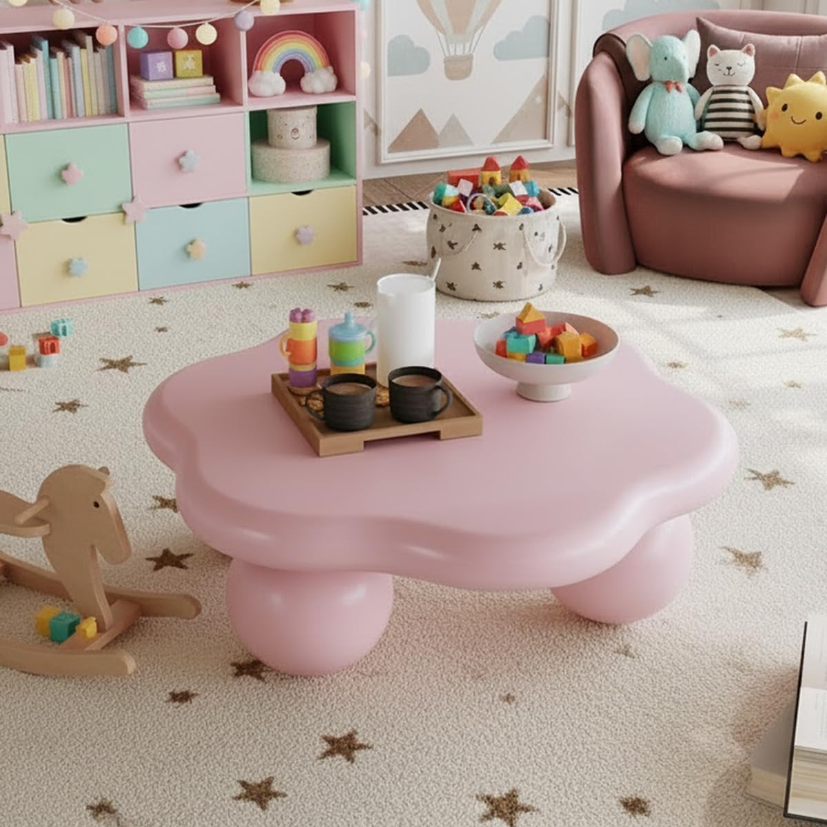 35.03' Cloud Coffee Table for Living Room Unique Coffee Table Modern Low Coffee Tables Cute Center Table with 3 Ball Legs for Small Space Apartment Cream Flower-Pink