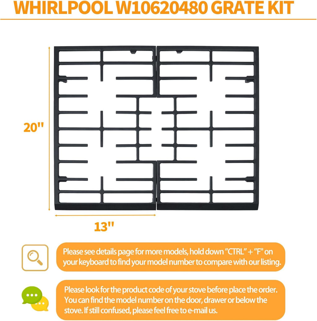 Atgestore Upgraded W10620480 Burner Grate Replacement for Whirlpool Stove Parts Cast Iron Grate WFG320M0BW3 WFG505M0BS3 Whirlpool 5 Burner Gas Range Stove Top Cooktop Surface Burner Grate Rack 1 Set
