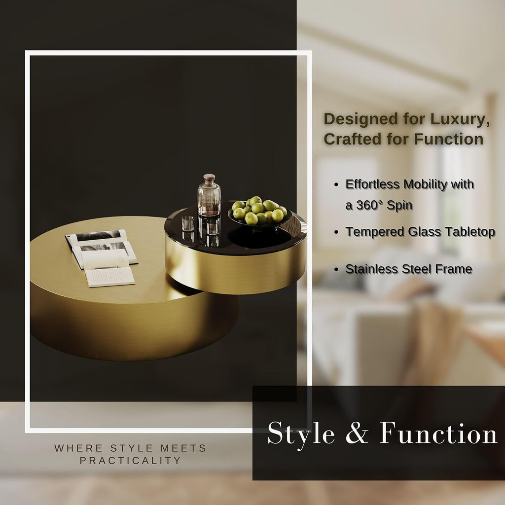 41 Inch Round Rotating Coffee Table with 360 Degree Swivel Top and 2 Tier Design, Brushed Brass Stainless Steel Frame with Black Tempered Glass, Modern Center Table for Living Room or Office