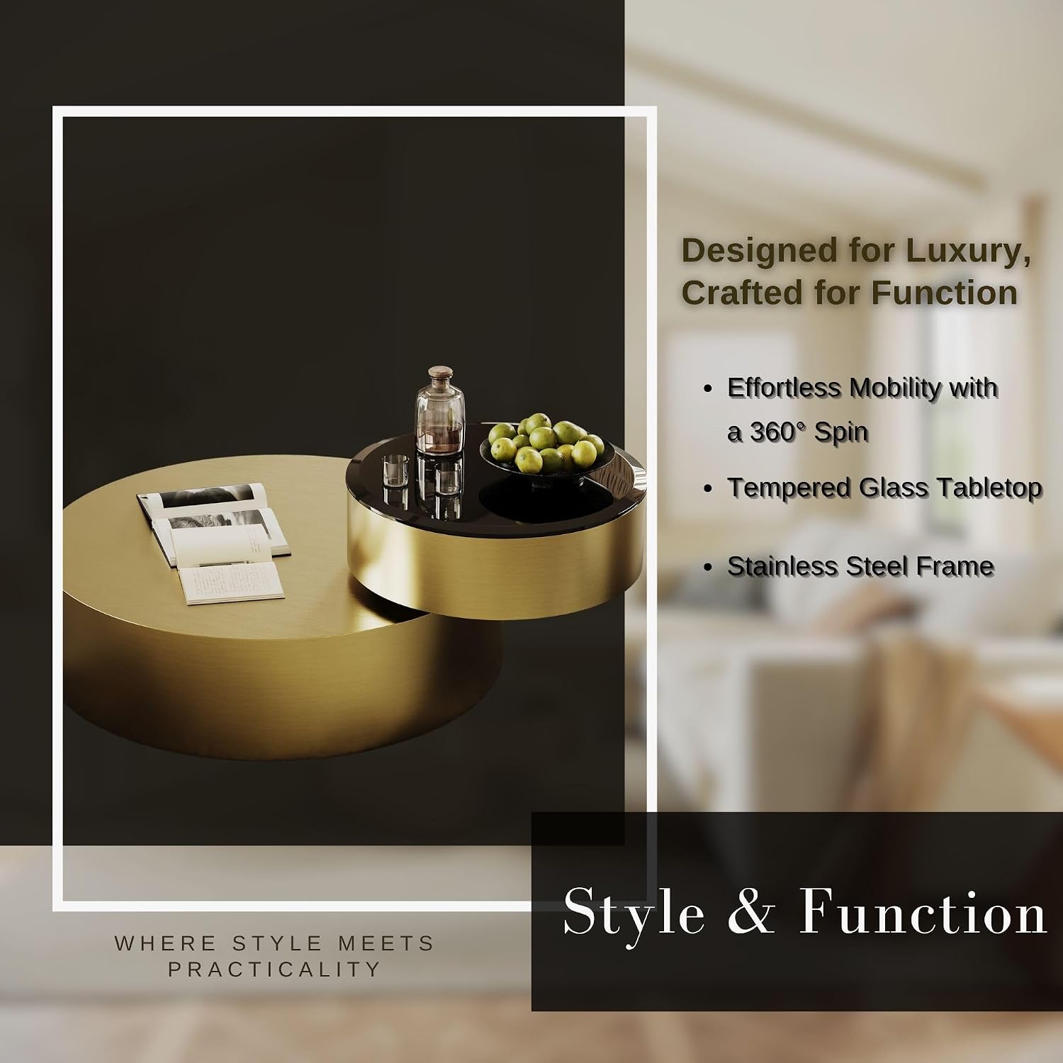 41 Inch Round Rotating Coffee Table with 360 Degree Swivel Top and 2 Tier Design, Brushed Brass Stainless Steel Frame with Black Tempered Glass, Modern Center Table for Living Room or Office