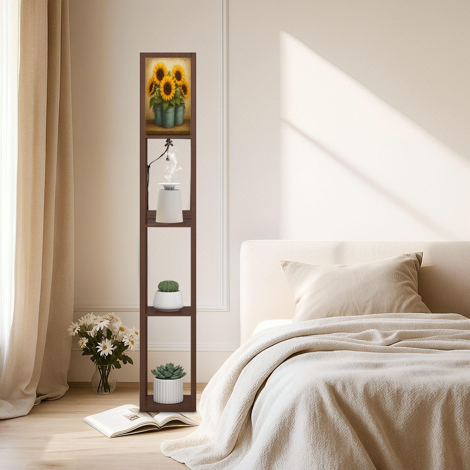Floor Lamp with Shelves Vintage Sunflower Wildflower Pictures Rustic Flowers Farmhouse Country Standing Tall Lamp USB Ports & Power Outlet Modern Corner Lamp Nightstand Light for Living Room Bedroom
