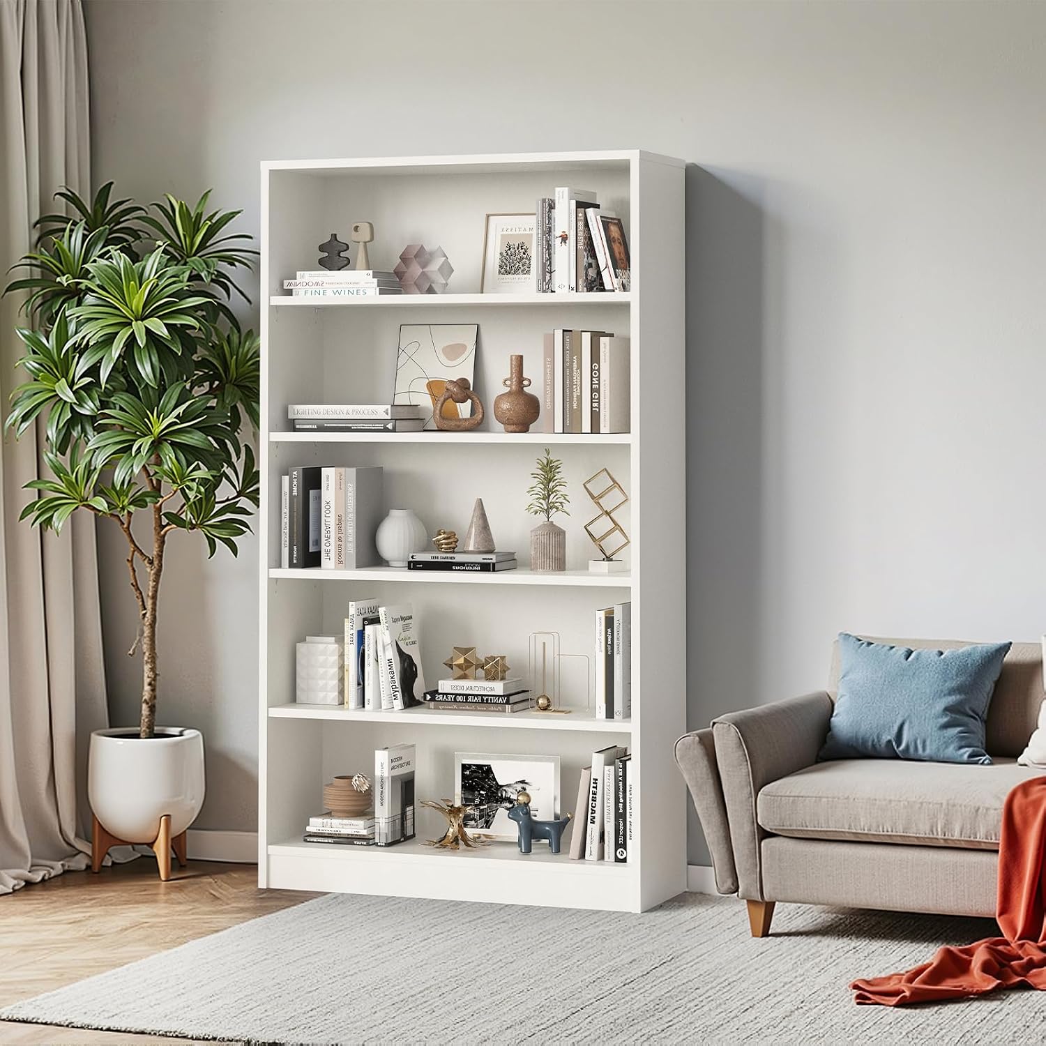 Farini 60 Inch Tall 5-Shelf Bookcase, Wood Bookshelf Storage Organizer Adjustable Shelf for Home Office, Study Room, Easy Assembly,White