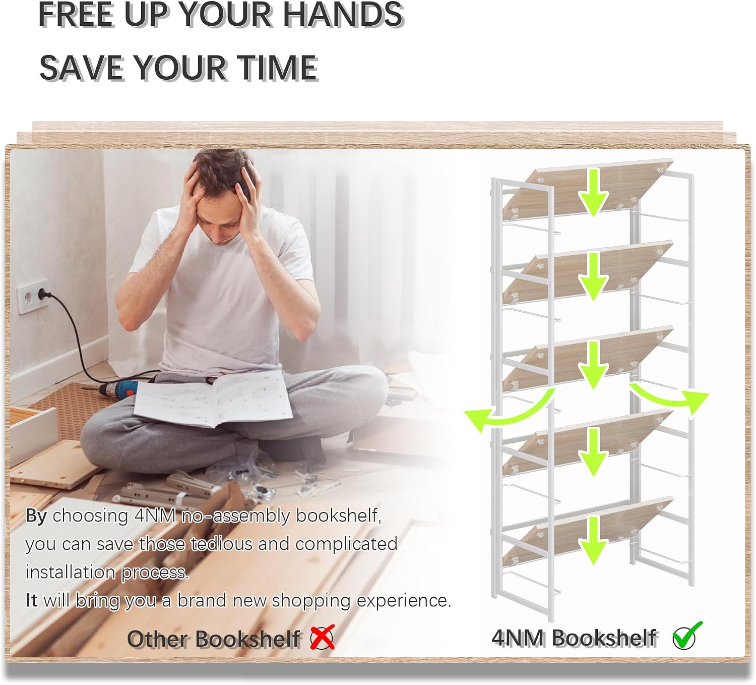 4NM No Assembly 5 Tier Collapsible Book Shelves, 51.2' H x 23.6' W Folding Bookshelf Bookcase Open Industrial Foldable Shelf for Bedroom, Living Room, Home Office - Natural White