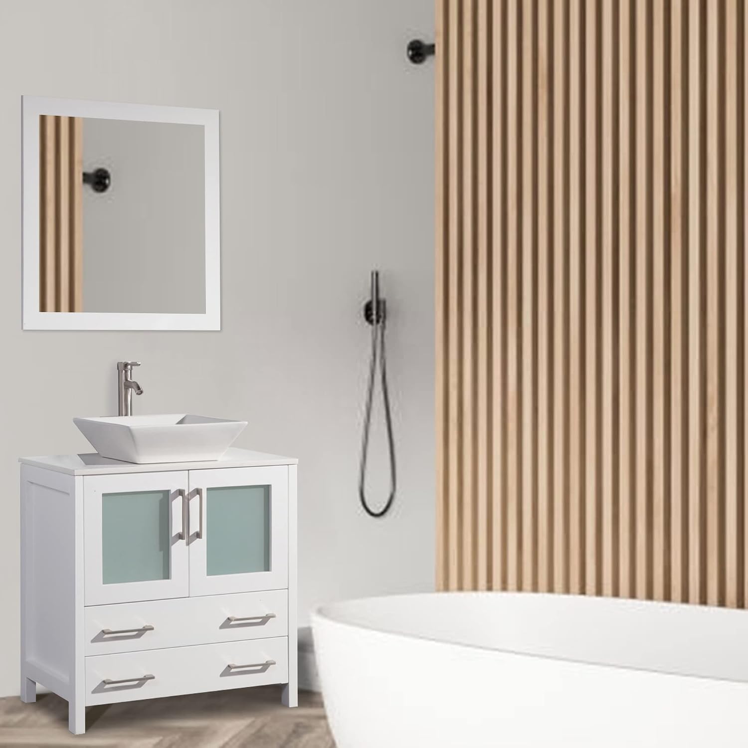 Vanity Art 30 Inch Vessel Single Sink Bathroom Vanity Cabinet with 1 Mirror, Engineered Marble Top Bathroom Cabinet Compact Set with 2 Dovetail Drawers and Soft Closing Doors, VA3130-W