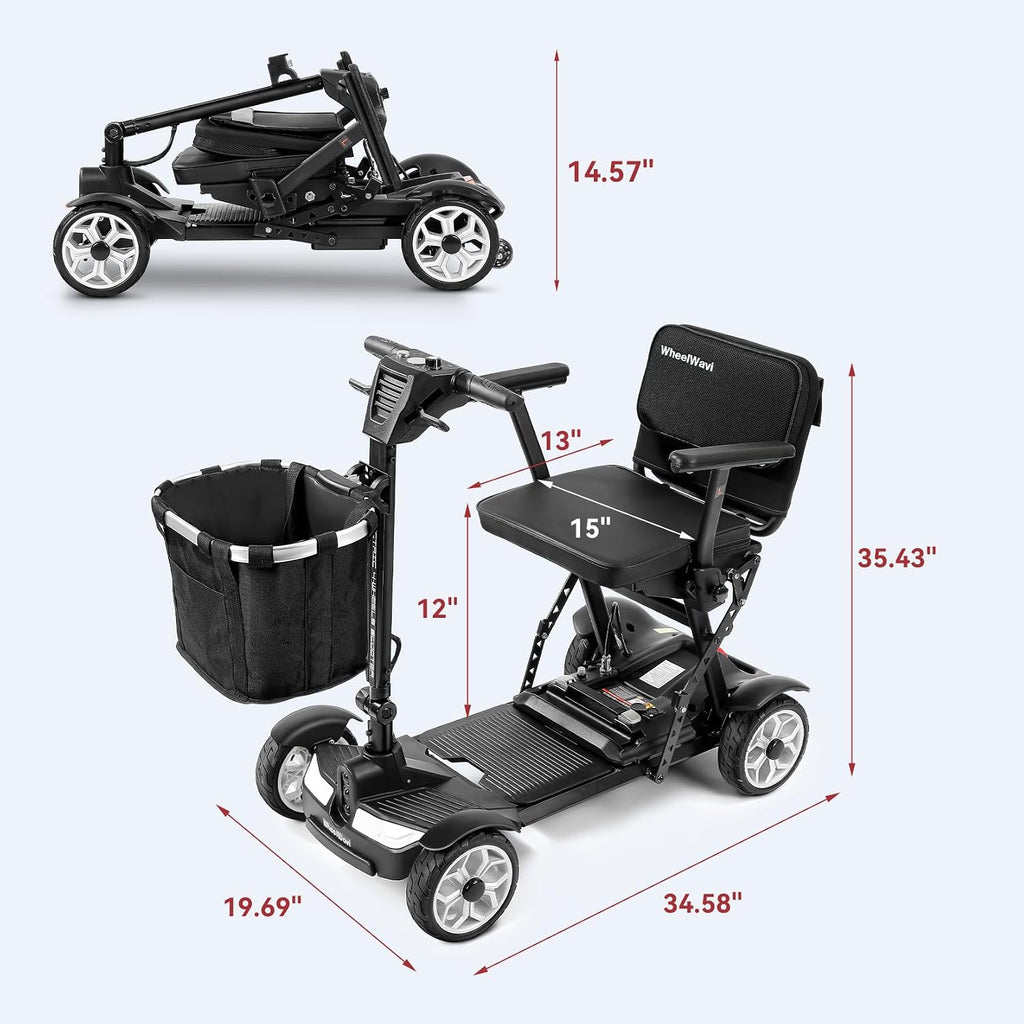 20 Miles Range Lightweight Mobility Scooter for Adults & Seniors - 47lbs Foldable 4 Wheel Travel Electric Scooter with Removable Battery, LED Lights - 300lb Capacity (Black)