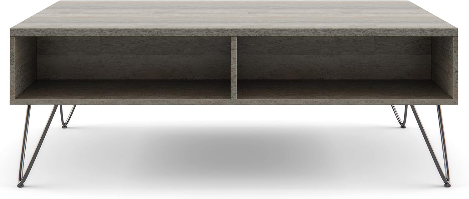 SIMPLIHOME Hunter SOLID MANGO WOOD and Metal 48 inch Wide Rectangle Industrial Lift Top Coffee Table in Grey for the Living Room and Family Room