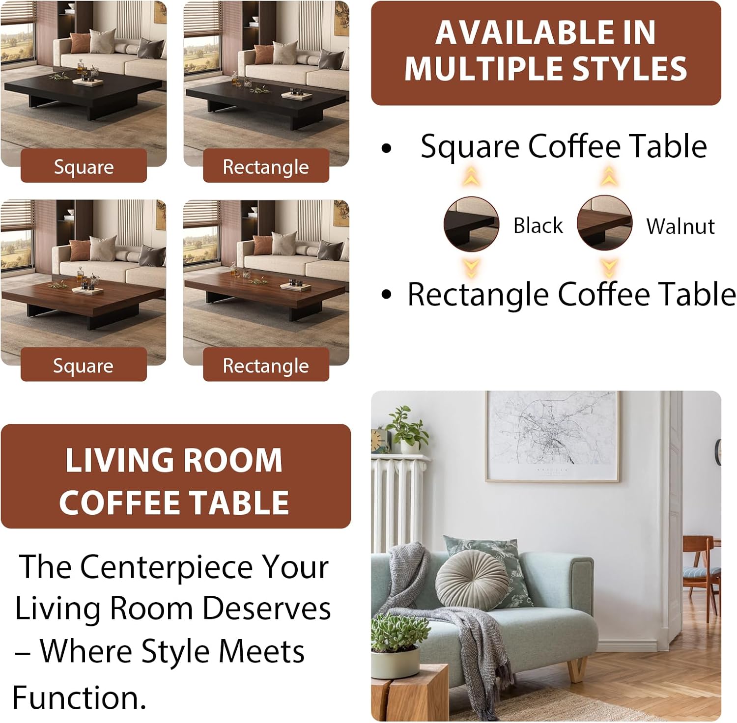 Coffee Table, Solid Wood Farmhouse Coffee Tables with Adjustable Foot Pads, Modern Large Square Center Tables for Living Room Black 31.5'x19.7'x 17.7'