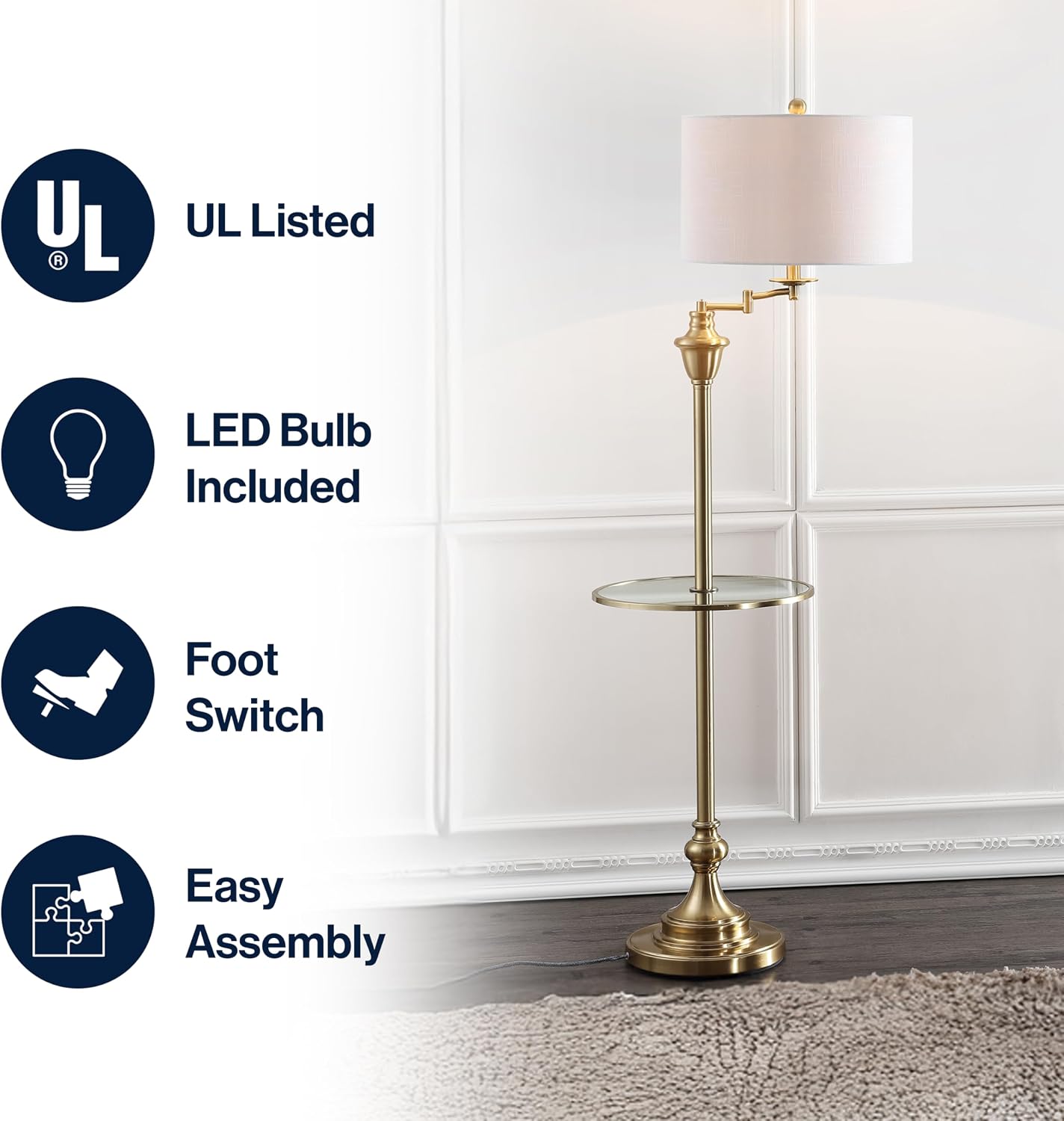JONATHAN Y 60' Brass Gold Floor Lamp with Integrated Glass Side Table, Modern Swing Arm Standing Lamp for Living Room, White Linen Shade, LED Bulb Included JYL3055A
