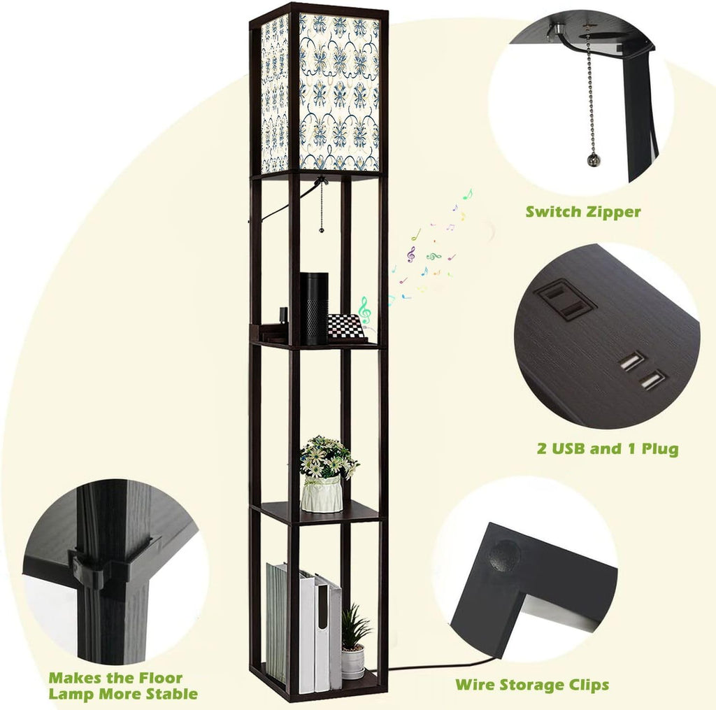 Floor Lamp with Shelves Blue yellow luxury seamless pattern Ornament Traditional Ethnic Standing Tall Lamp USB Ports & Power Outlet Modern Corner Lamp Nightstand Light for Living Room Bedroom
