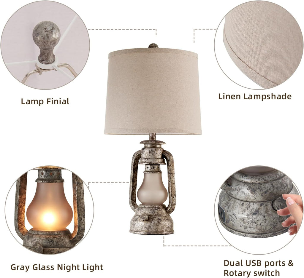 Farmhouse Rustic Table Lamps for Living Room Set of 2, Vintage Lantern Table Lamp with Dual USB Ports, Retro Nightstand Lamp for Bedroom Bedside, 4 Bulbs Included (Iron Gray)