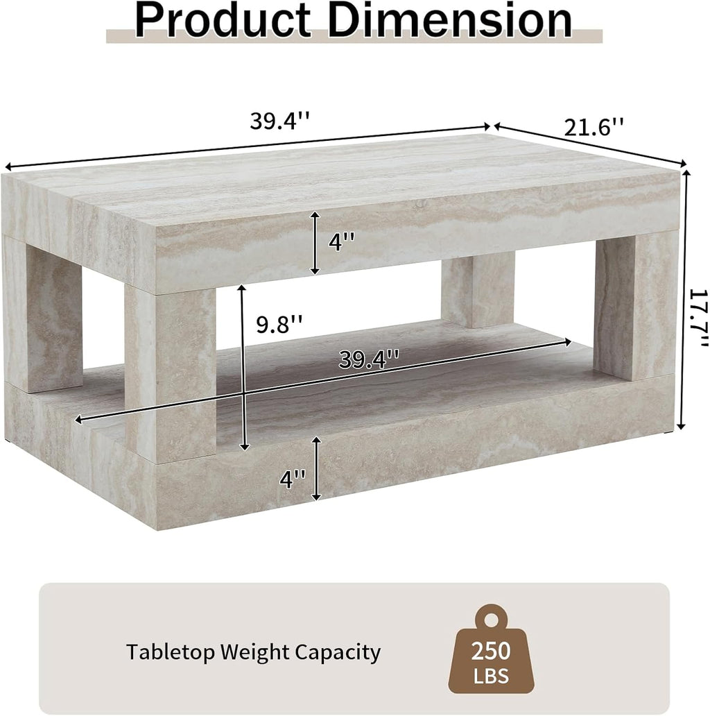 LKTART 39.37' Faux Travertine Stone Coffee Table with Storage, 2-Tier Mid Century Rectangular Accent Table with Thick Tabletop, Rustic Style Cocktail, Center Table for Living Room, Office(Beige)