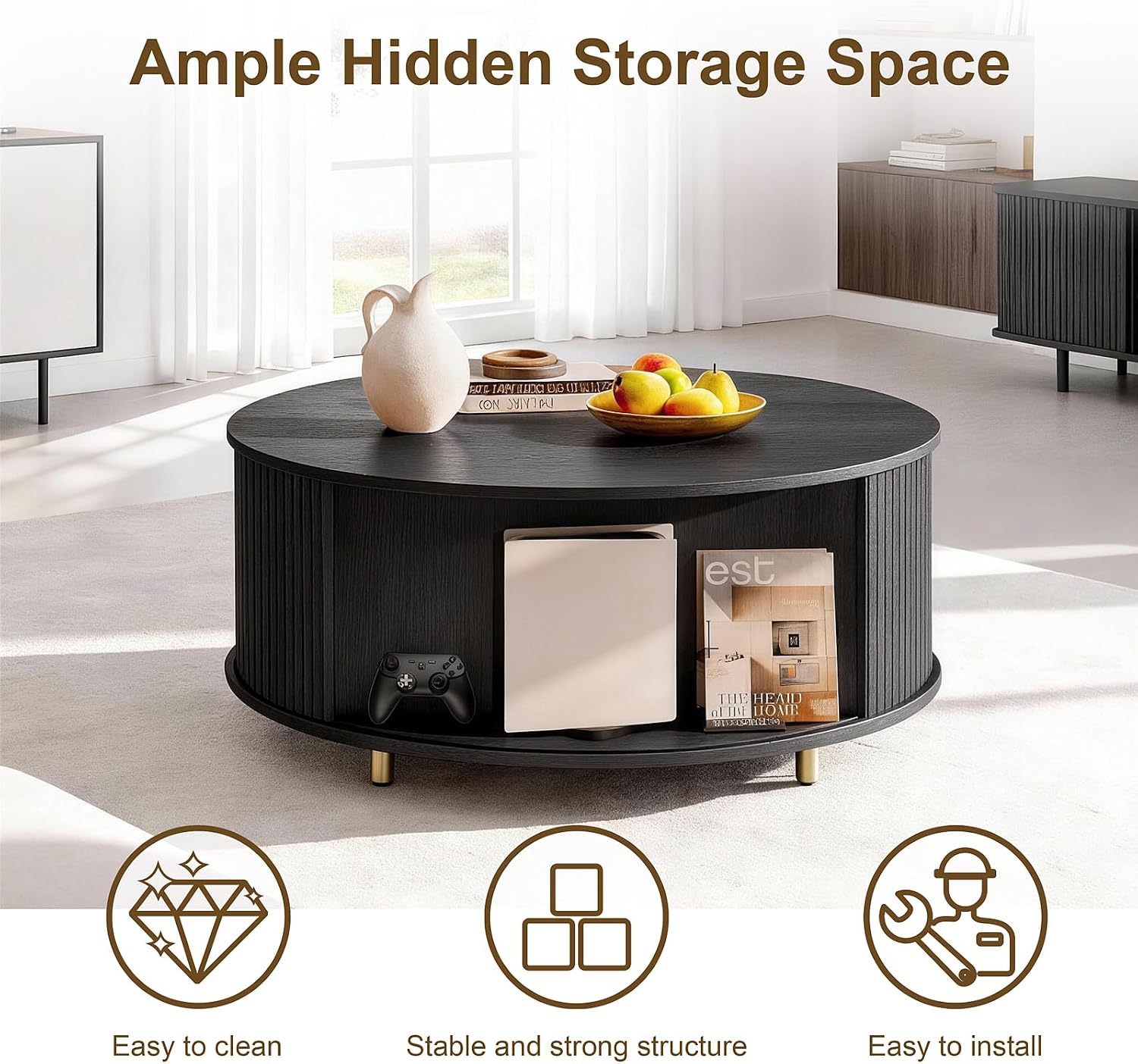 DHH Round Coffee Table, 31.5' Mid Century Modern Coffee Table with 360° Sliding Tambour Door, Fluted Accent Coffee Table with Storage Adjustable Footpads for Living Room, Black