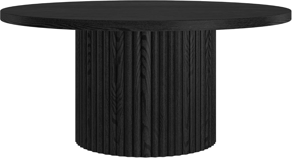 Henn&Hart 32' Fluted Round Wooden Pedestal Low-Profile Coffee Table with Ribbed Pedestal Base for Living Room, Family Room, Office, or Apartment, Natural Black