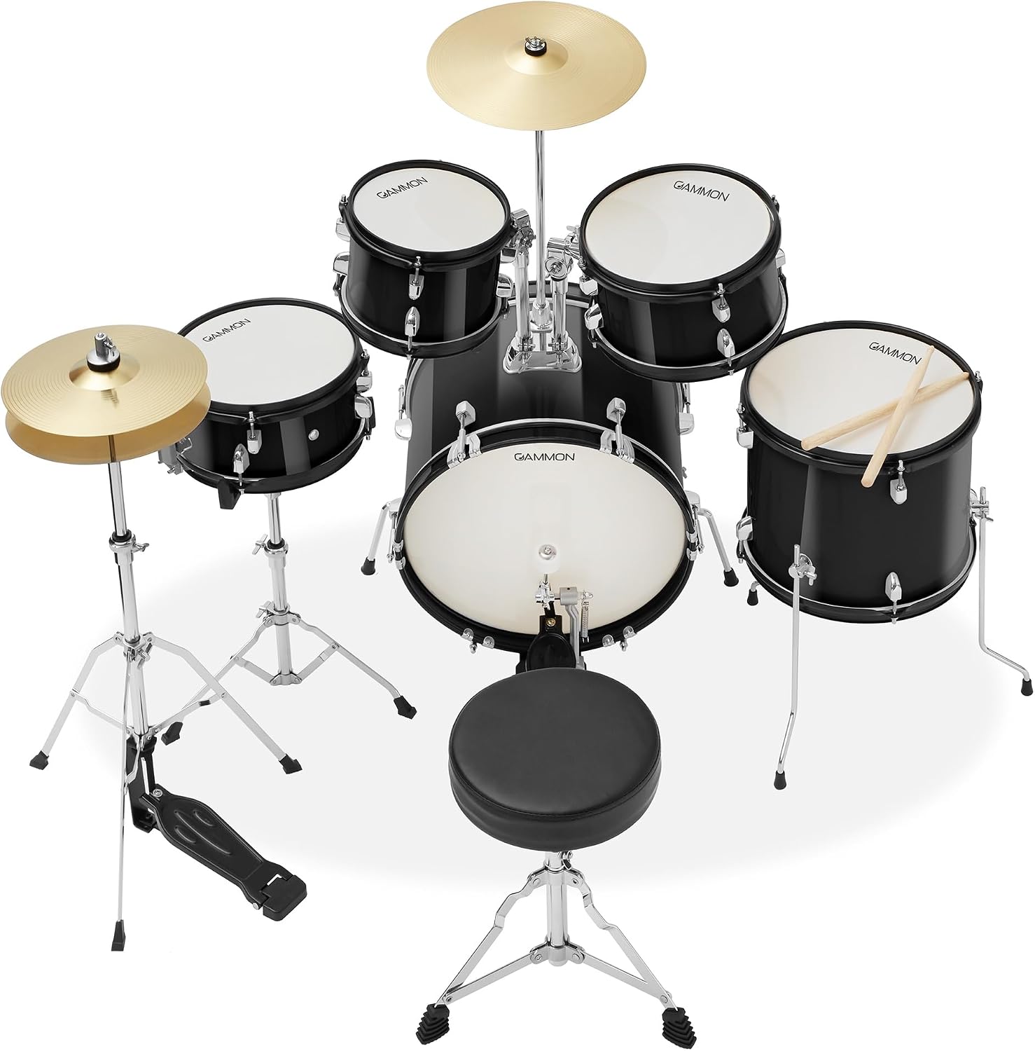 Gammon Percussion 5-Piece Junior Starter Drum Kit with Cymbals, Hardware, Sticks, & Throne - Black