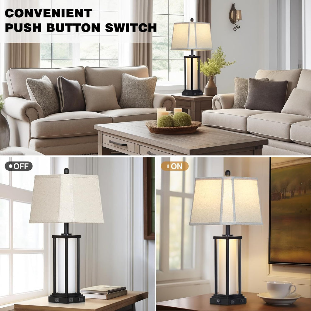 Cinkeda 27' Tall Vintage Table Lamp Set of 2 with USB C+A & Outlet,Black Industrial End Table Lamp for Living Room,Farmhouse Rustic Bedside Lamps with Bell Lampshades for Bedroom Nightstand,Black