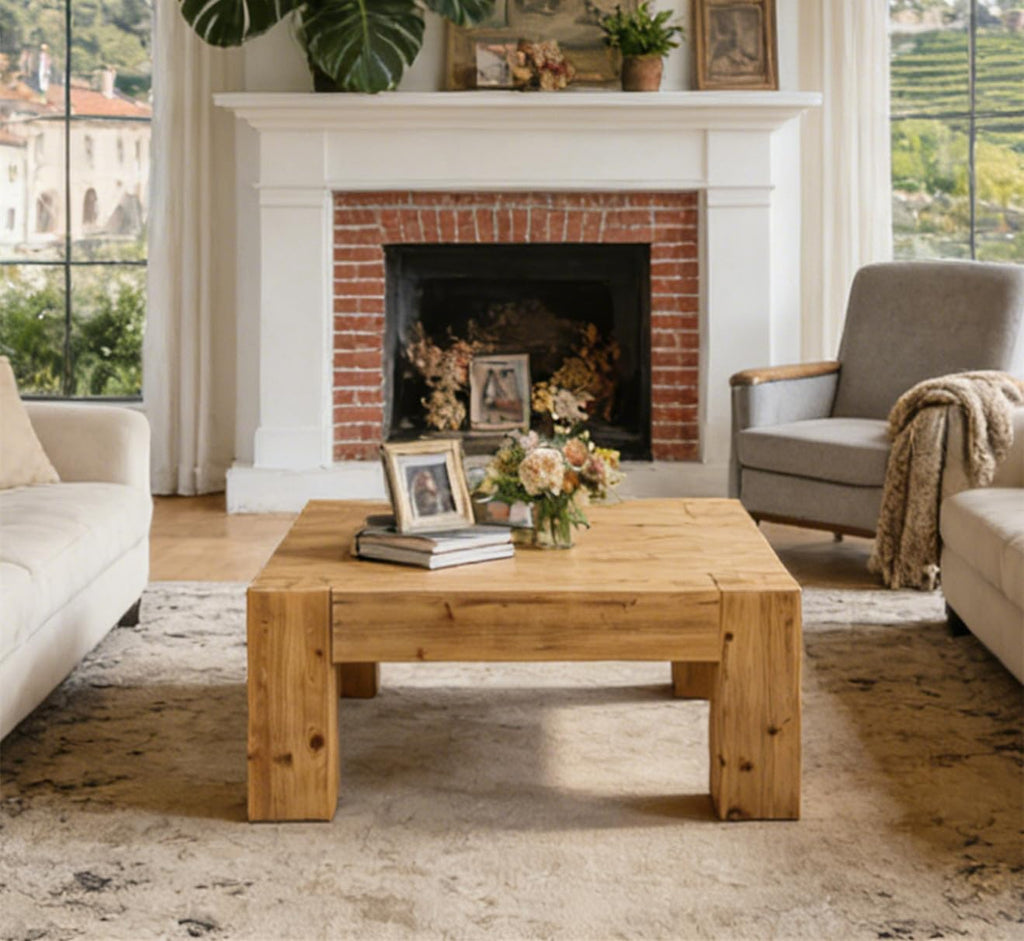 SSLine Solid Wood Coffee Table 39.4-Inch Square Coffee Table for Living Room,Farmhouse Cocktail Center Tables with Thicken Top and Sturdy Legs,Natural Brown