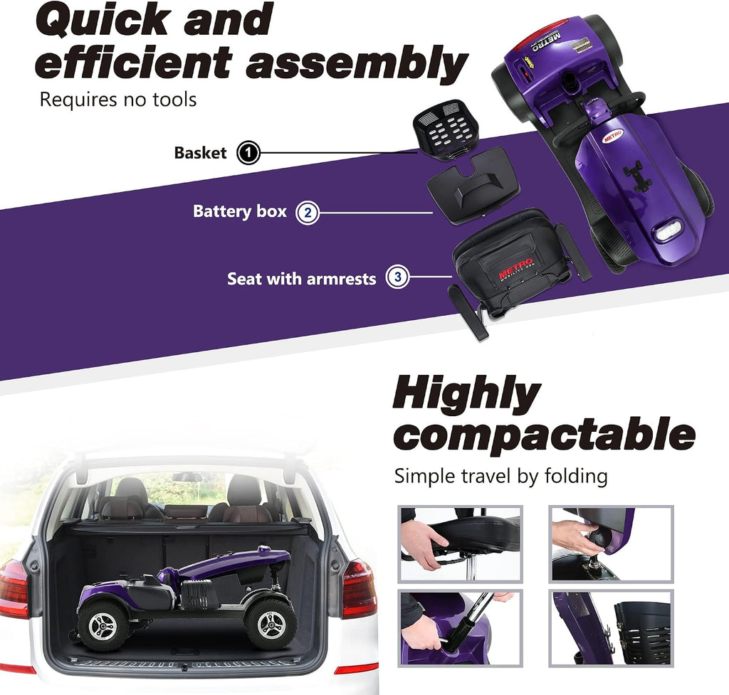 Metro Mobility 4 Wheel Motorized Scooter for Adults - 300 lbs Capacity Powered Mobility Scooters for Seniors, Travel - 9'' Large Pneumatic Tires & Crutch Box - Purple