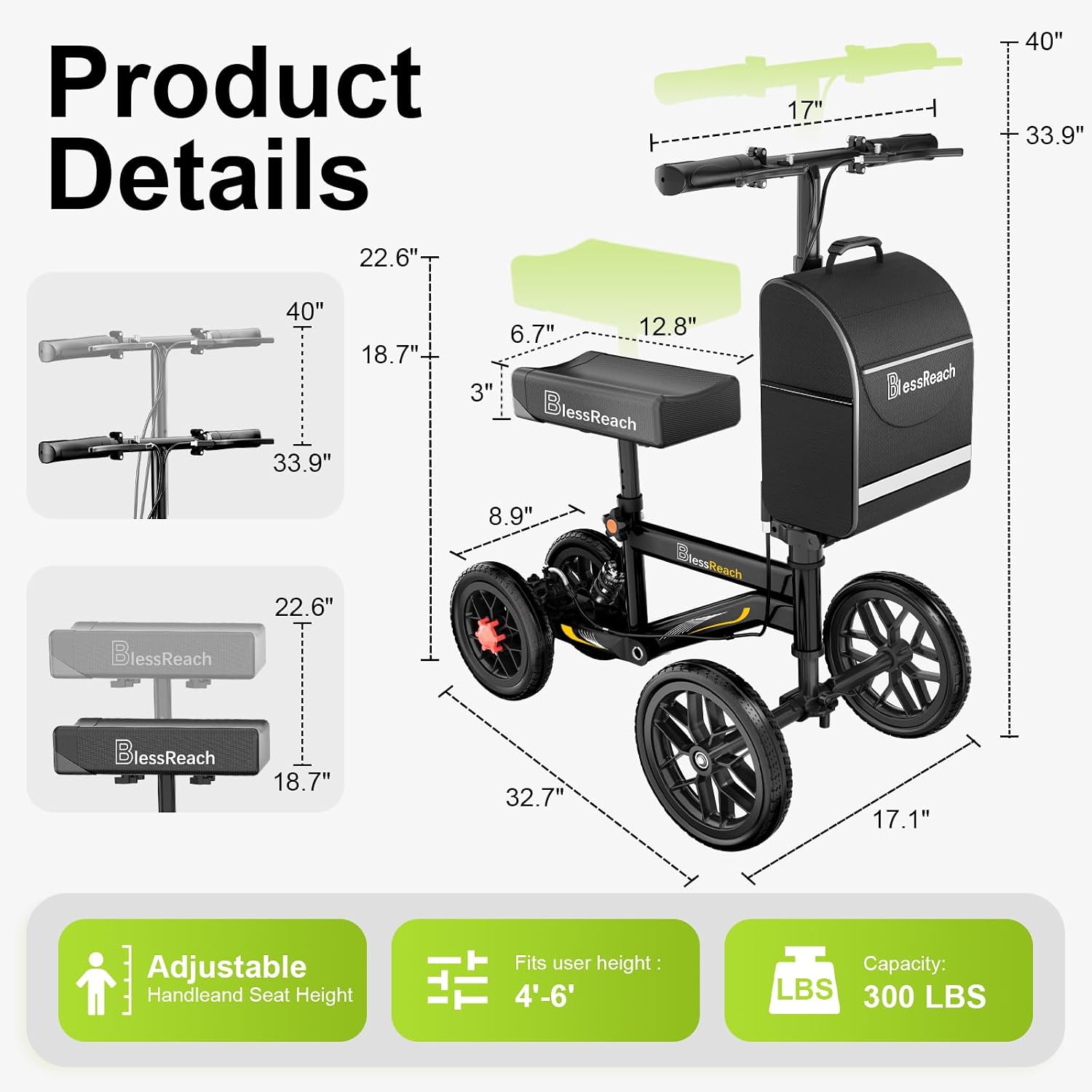 BlessReach Deluxe Medical Scooter Double Handbrake, All Terrain Steerable Knee Scooter Crutch Alternative, for Adults Injured Ankle & Foot Recovery in Blacks
