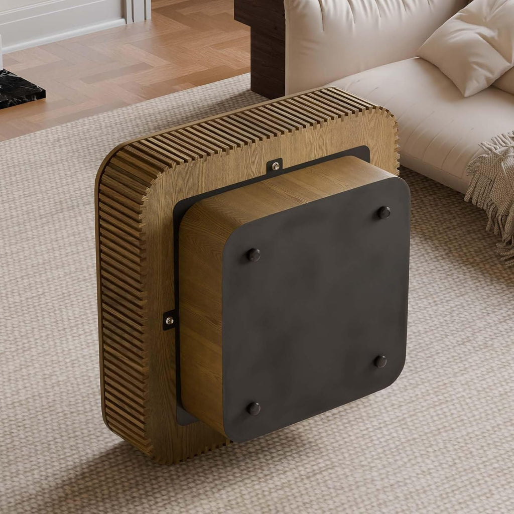 Square Small Coffee Table with Storage, Modern Wooden Coffee Table with Solid Wood Veneered, Fluted Center Table Drum Tea Table for Living Room Apartment, 31.5''L×31.5''W×14''H
