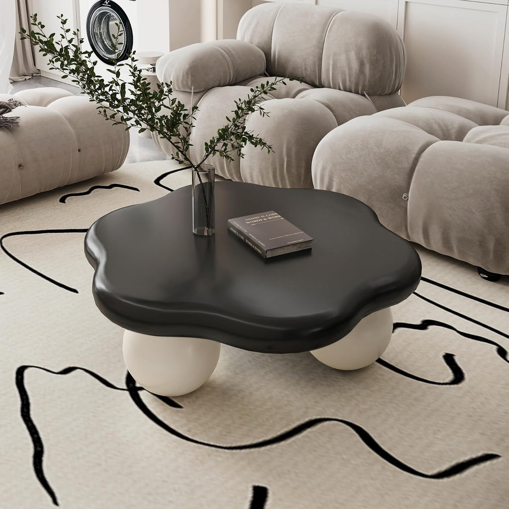 35.03' Cloud Coffee Table for Living Room Unique Coffee Table Modern Low Coffee Tables Cute Center Table with 3 Ball Legs for Small Space Apartment Cream Flower- Black & White