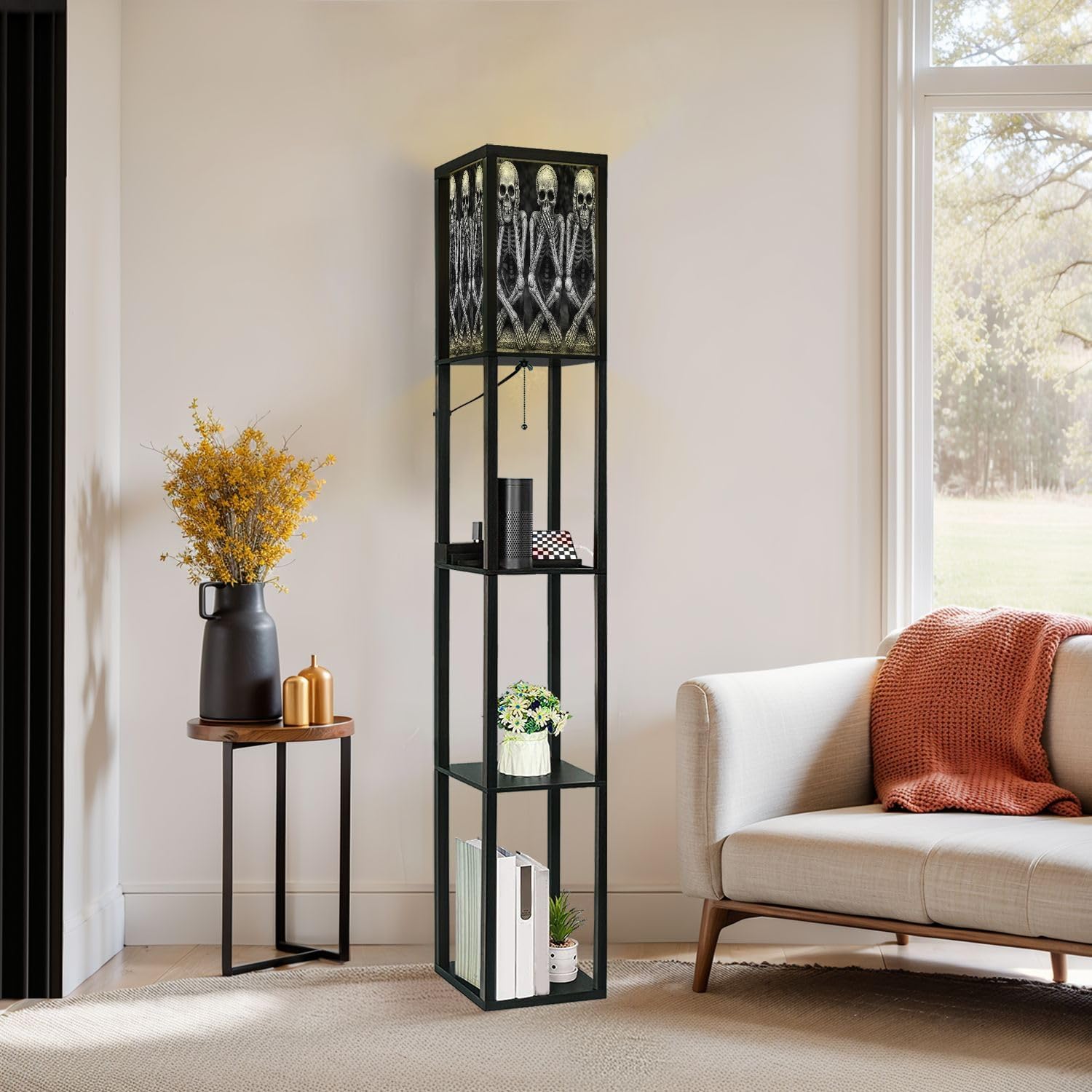 Floor Lamp with Shelves Skeletons Funny Hear no Evil Standing Tall Lamp USB Ports & Power Outlet Modern Corner Lamp Nightstand Light for Living Room Bedroom